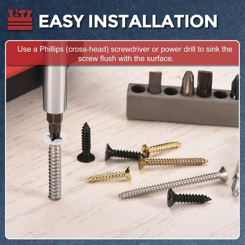 1000 Piece Phillips Flat Head Wood Screws Set Self Tapping Countersunk Screws In ST1 ST1.2 ST1.4 And ST1.7 Sizes 3mm To 6mm Carbon Steel Black displayed for easy installation on wood surface.