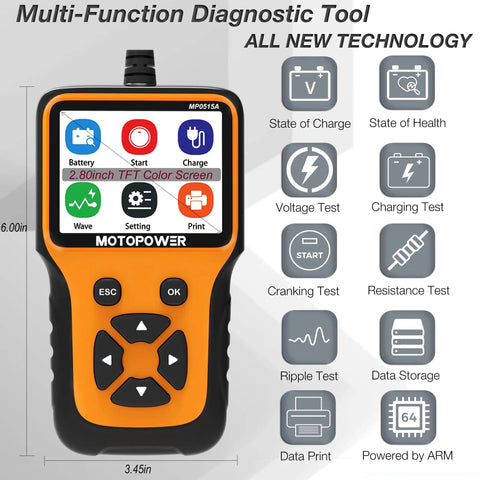 Must Have 12V Car Battery Tester For Auto Cranking And Charging System 100 To 2000 CCA Load Tester Quick Battery Health Readout And Alternator Check MOTOPOWER Silver Edition display with buttons, testing functions, and features.