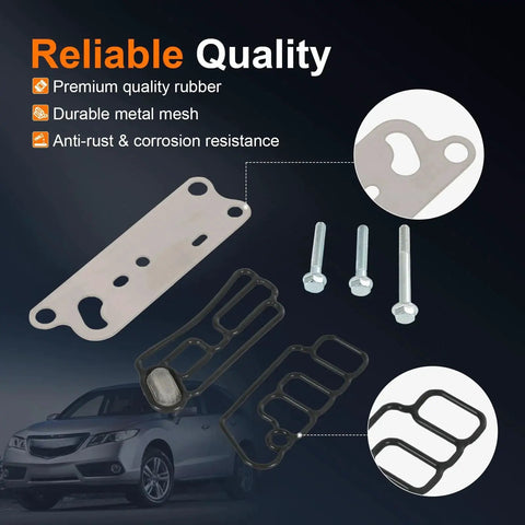 Beefed Up VTEC Solenoid Gasket Filter Kit For Acura RDX 2013 2014 2015 And Honda Accord Crosstour 2010 2011 2012 2013 2014 2015 3.5L V6 Engine Includes 15810R70A03 15810R70A04 15815R70A01 15845R70A01 Cylinder Head VVT Spool Valve Gasket Replacement, showing gaskets and bolts.