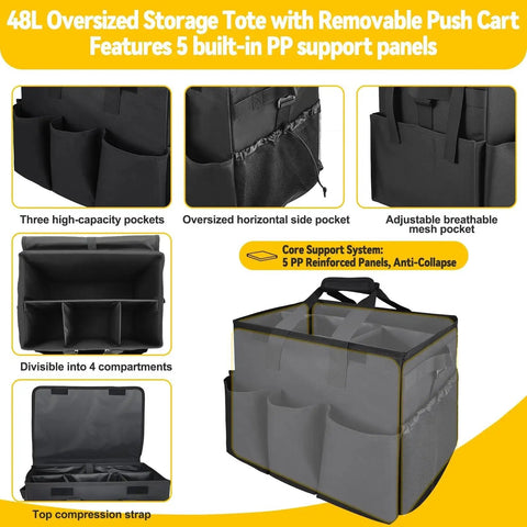 48L oversized storage tote with removable push cart, featuring three high-capacity pockets, horizontal side pocket, and adjustable breathable mesh pocket.