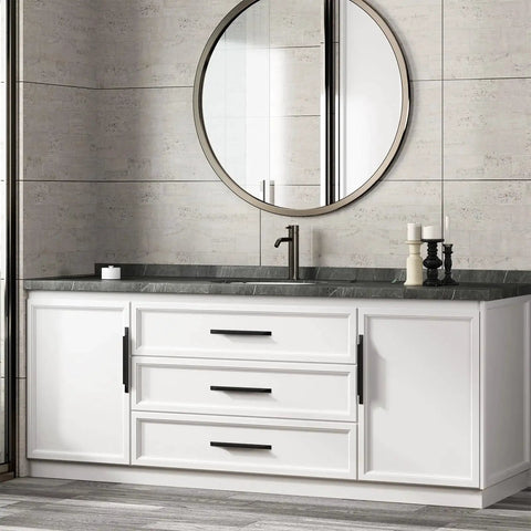 Bathroom vanity with 10 Pack Black Aluminum Finger Pulls for Cabinets and Kitchen Drawers, 7-1/2 Inch Center Mounted Handles