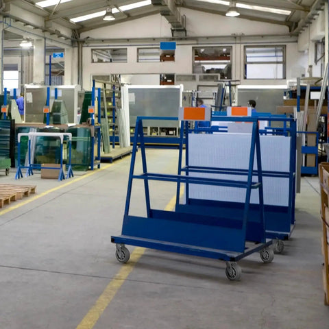 Warehouse with industrial carts on 8x2 Inch Heavy Duty Caster Wheels Set Of 4 Up To 3600 Pound Capacity Industrial Rubber Flat Tread Casters