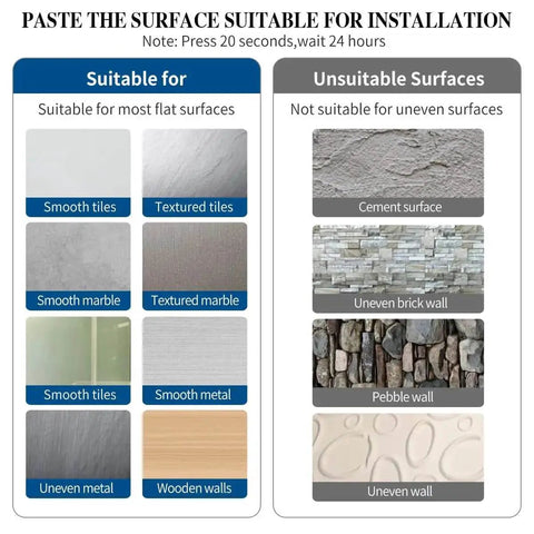 Installation surface guide for Under Cabinet Paper Towel Holder, showing suitable and unsuitable surfaces with types like tiles and brick walls.
