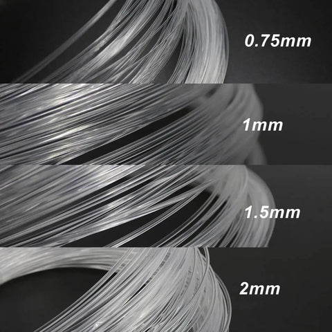 Different sizes of transparent End Glow PMMA Fiber Optic Roll Cable, including 0.75 millimeter diameter, for starlight kits decor.