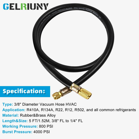 GELRIUNY 3/8–1/4 in vacuum hose with brass fittings, 5 ft, HVAC/R, 800 PSI working
