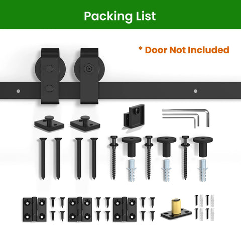 40 Inch Bifold Sliding Barn Door Hardware Kit For Double 18 Inch Doors components and tools shown, black finish, top mount design.
