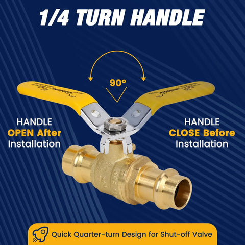 Brass 3/4-inch ball valve with yellow handles for copper tubing, 1/4-turn shut-off