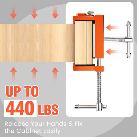 Two Pack Cabinet Clamps for Face Frame Alignment Tool Built From Anodized Aluminum Alloy Professional Grade Installation Clamps for Woodworking and DIY Projects Adjustable Jaw Width From 2 Inches to 4-3/8 Inches Rust Resistant in use supporting a cabinet frame against pressure.