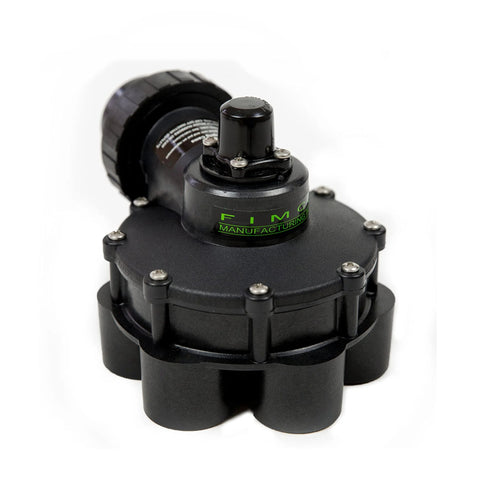 FIMCO hydro indexing irrigation valve, 1 1/2 in, black plastic, 6 outlets with green logo.