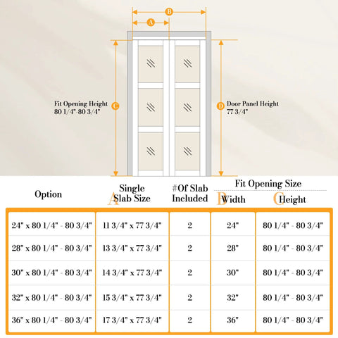 Space-Saving Bifold Doors For 36 By 80 Opening With Frosted Glass Panels And Concealed Hardware Kit size chart and dimensions