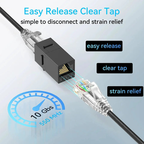 Easy release and strain relief feature on Ultra Slim Cat6a Patch Cables 1ft Pack Of 24, 10G Ethernet, black, with clear tap