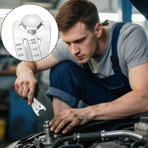 Mechanic uses Portable Thread Size Checker Keychain With Dual Vernier Calipers For Quick Bolt Measuring Of Screws And Nuts On The Go
