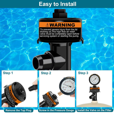 Uharbour pool air relief valve with 60 psi gauge, close-up view of black plastic valve for pool filters and pumps