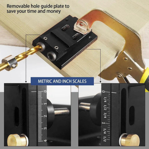 Aluminum Pocket Hole Jig Set For DIY Woodworking With Inclined Drilling Positioner showing close-up of metric and inch scales