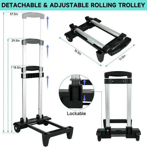 Detachable and adjustable trolley for Rolling Sewing Machine Case With Wheels And Trolley Handle, dimensions indicated.