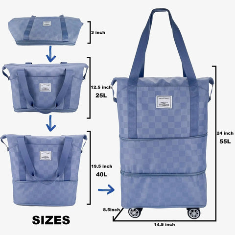 Expandable Foldable Duffel Bag Suitcase With Detachable Rolling Wheels Three In One Design from 25L to 55L in Checkerboard Blue