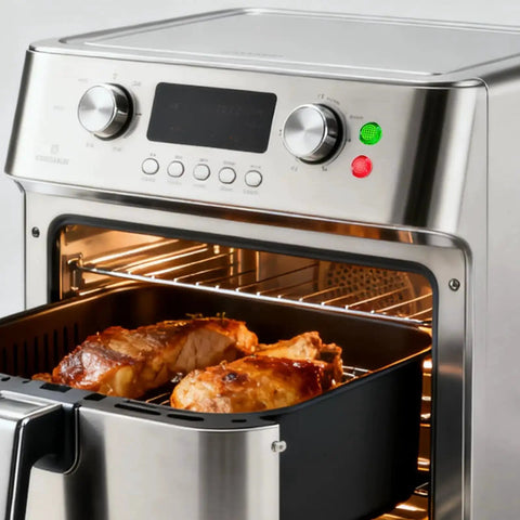 Stainless steel air fryer oven with digital controls cooking meat on a tray
