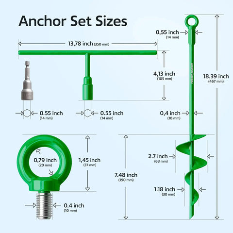 Diagram of 18 Inch Heavy Duty Ground Anchors Kit Four Pack Green showing dimensions of spiral augers and tie down screws.