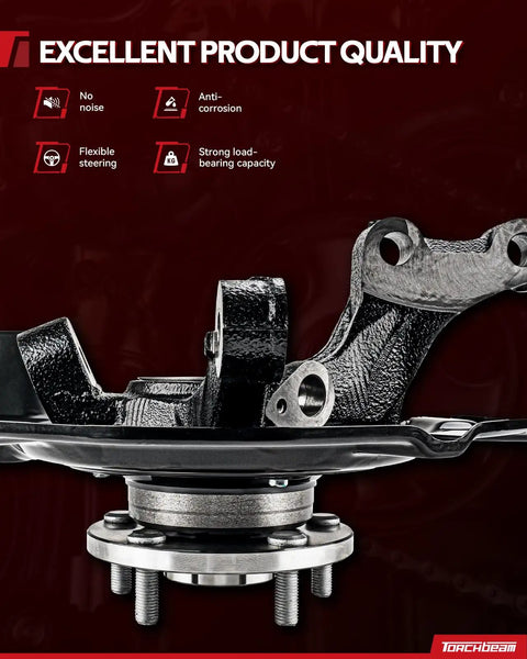Close-up of Beefy Front Steering Knuckle And Wheel Bearing Hub Assembly Set For Ford Focus 2012 To 2018 with text highlights.