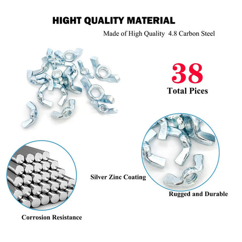 Wing Nut Kit 38 Pieces In 5 Sizes 5/32 3/16 1/4 5/16 3/8 Carbon Steel Zinc Plated Butterfly Fasteners shown with features.