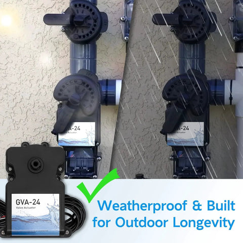 GVA-24 pool valve actuator shown installed outdoors in a weatherproof setup, compatible with Hayward Pentair Jandy systems.