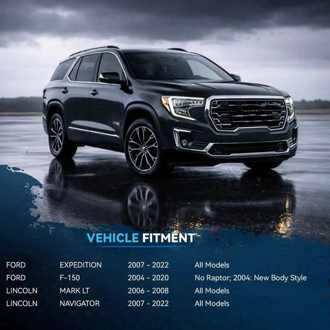SUV parked on wet pavement with vehicle fitment list for Ford Expedition, F-150, Lincoln Mark LT, and Navigator displayed over image.