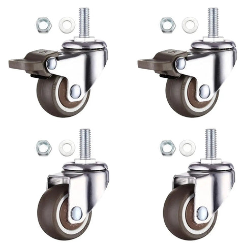 1 Inch Caster Wheels With Threaded Stem M6x15mm Swivel Casters With Brakes Set Of 4 Non Marking Rubber Rollers with hardware