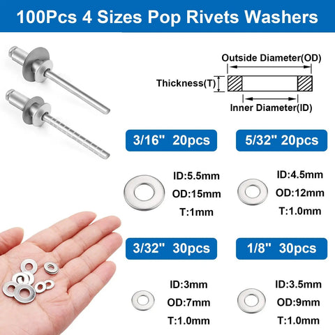 All In One Pop Rivet Kit With 1001 Pieces Rivets And Stainless Washers In Portable Toolbox, 100 pieces, 4 sizes detailed view.