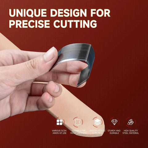 Hand holding cutter from 18 Piece Leather Punch Set For DIY Leatherworking With Six Sizes 15mm 20mm 25mm 30mm 35mm 38mm And Round Pointed And Square Heads Pro Grade Alloy Steel Embossing Tools For Beginners And Pros