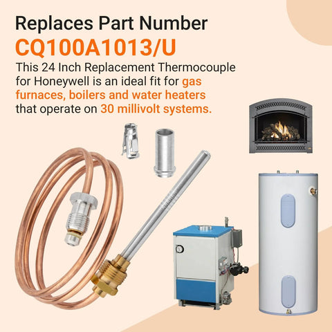 Thermocouple replacement kit with 24 in probe, copper coil and adapters for 30 mv gas furnaces and water heaters, 2 pcs