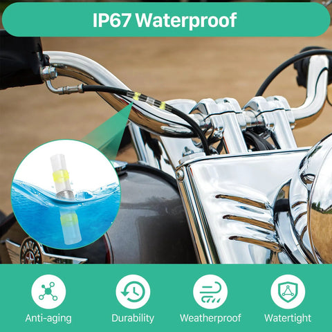YNZDRWA 200pcs solder-seal heat-shrink butt wire connectors kit, waterproof splices, close-up on motorcycle handlebars