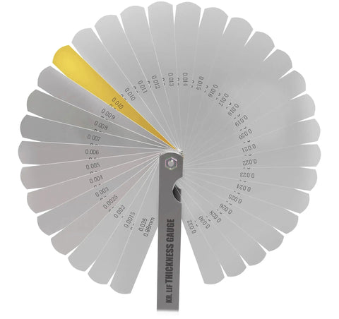 Stainless Steel Feeler Gauge Set For Spark Plugs With 32 Blades From 0.04 To 0.88 Mm Gap Tool Filler Gauge And Spark Plug Tester For Auto Repair Garage Use Professional Grade Auto Tool Kit For Precise Gapping And Easy In Shop Or At Home Use displayed in a fanned layout
