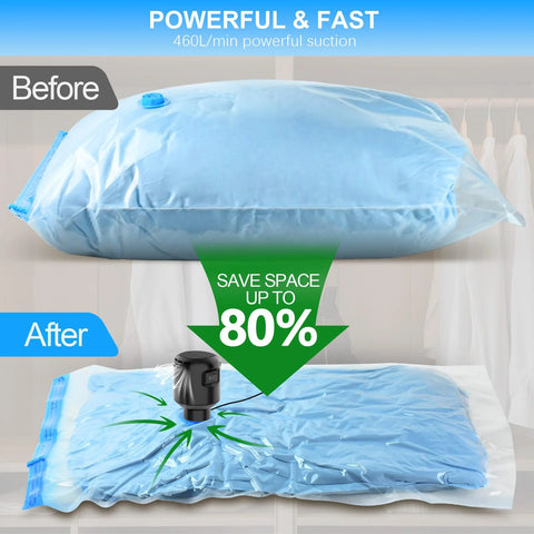 Electric vacuum pump for storage bags, 55W, black; shown with blue vacuum storage bags and air removal to save space.