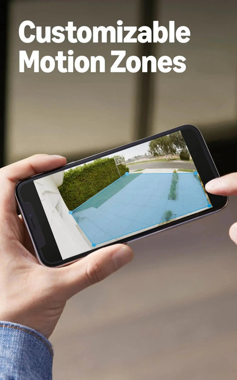 Person using smartphone app to adjust customizable motion zones for Floodlight Cam Wired Plus Outdoor Security Camera With 1080p HD And Motion Zones.