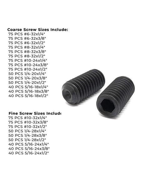 Pro Grade Alloy Steel Cup Point Allen Socket Set Screw Kit In Black Oxide Finish with visible coarse and fine screw sizes list