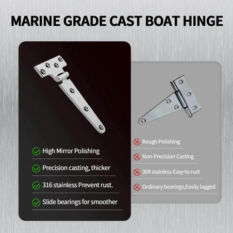 Comparison of two hinges highlighting features of 316 Stainless Steel T Hinges Marine Grade Heavy Duty With Screws 5.9 X 2.9 Inch