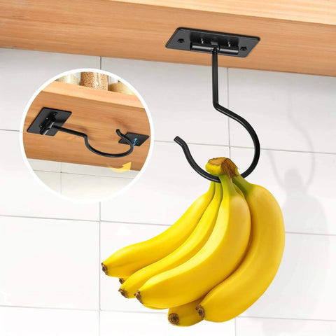 Kitchen hanging banana hook installed under wooden shelf, holding a bunch of yellow bananas. Inset shows close-up of hook installation.