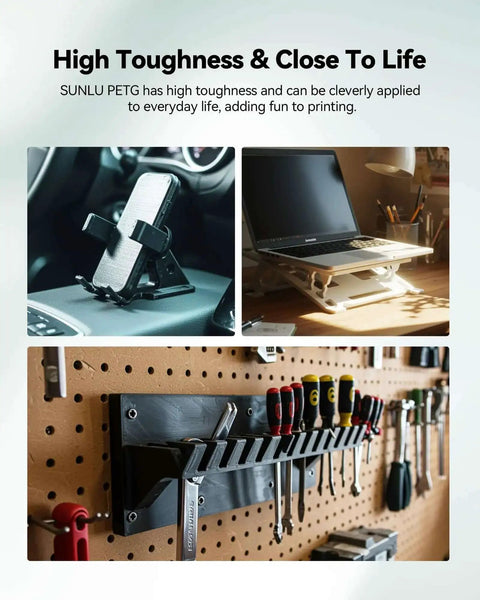 Collage showing applications of Petg 3D Printer Filament Refill 1.75mm 4 Pack 1kg Each Black on a phone stand, laptop riser, and tool organizer.