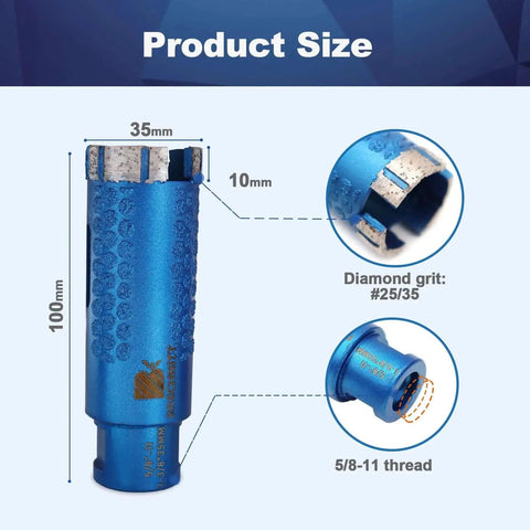 One And Three Eighths Inch Laser Welded Diamond Core Drill Bit For Granite Marble And Stone With Five Eighths Inch Thread Eleven UNC Dry Or Wet Drilling 35 Millimeter Hole Saw For Reinforced Concrete, showing size and thread details