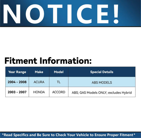 Fitment information table for Rear Wheel Bearing Hubs Kit For Honda Accord 2003 2004 2005 2006 2007 And Acura TL 2004 2005 2006 2007 With ABS Tone Ring 5 Bolt Replacement Wheel Hub Assemblies Easy Install