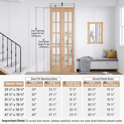 Space Saver Bifold Closet Door For 32 By 80 Opening With French Glass Barn Panels Includes 2.66 Ft Concealed Bi Fold Sliding Hardware Kit Preassembled Door Easy Install DIY Staining Ready For Small Spaces installed in hallway with measurement chart.
