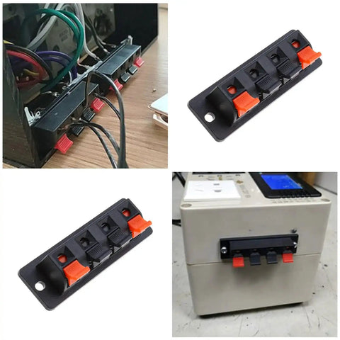 10 Pack 4 Pin Speaker Terminal Blocks With Spring Clips For DIY Audio, installed on audio equipment, 4 position layout shown