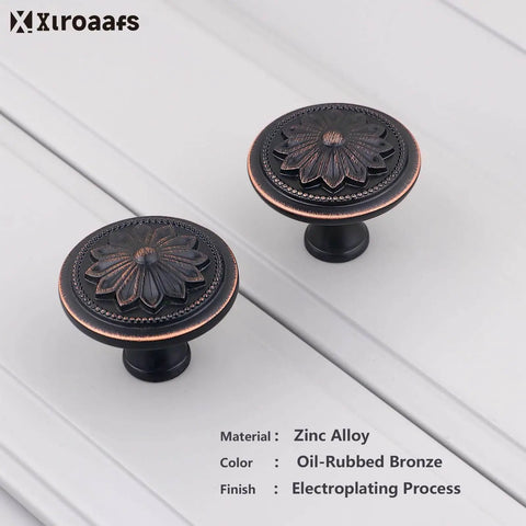 Oil Rubbed Bronze Flower Shaped Cabinet Knob Set 12 Pack For Cabinets And Drawers shown in zinc alloy with antique finish