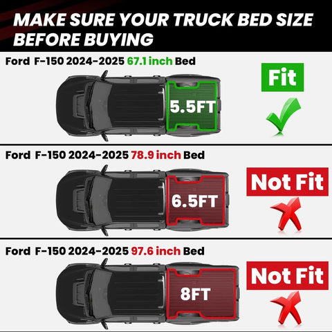 Diagram showing fit sizes for 5.5 Foot Truck Bed Mat for Ford F 150 2024 2025 2026, indicating suitable 67.1 inch bed.