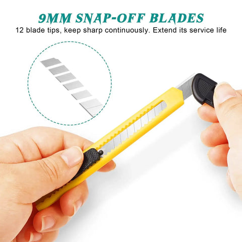 4 Pack 9mm Snap Off Box Cutter Retractable Utility Knife For Office And Home with yellow handle and snap-off blade.