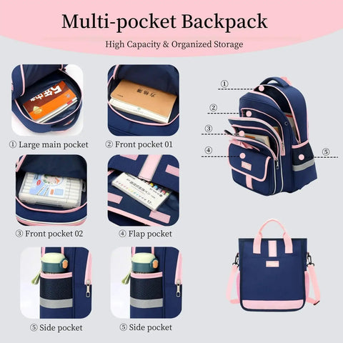 Multiple pocket view of Girls Rolling Backpack Set Three Piece With Bowknot Design Wheels And Lunch Tote Handbag Trolley Bag