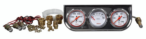 Bosch Style Line 2-inch triple gauge kit with white dial faces and chrome bezels, includes wiring harness and brass fittings