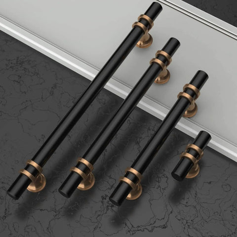 10 Pack 5 Inch Matte Black And Champagne Bronze Cabinet Handles for Kitchen Cabinets on a dark surface