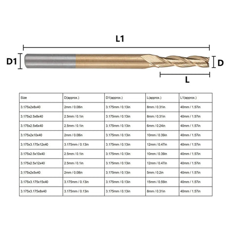 Diagram of 10 Piece 3 Flute Ti Plated End Mills Set for CNC Machining, showing dimensions and specifications for drill sizes.