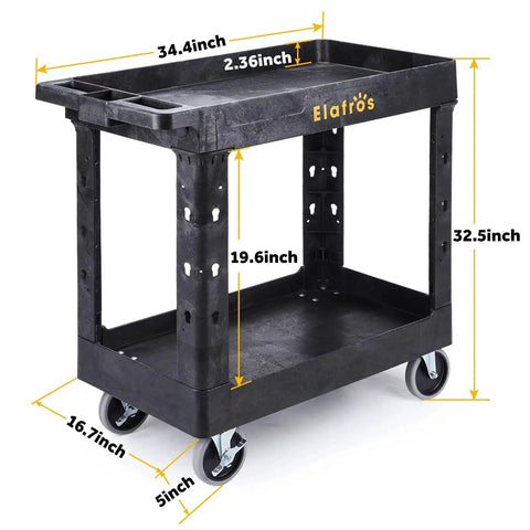 Heavy Duty Plastic Utility Cart With Deep Shelves And Full Swivel Wheels, 34 x 17 Inch 2 Tier Service Cart For Warehouse Garage And Cleaning